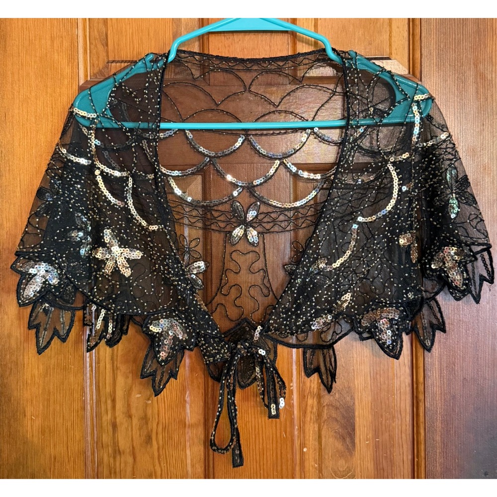 Vintage Style Black Mesh Sequin Beaded Capelet Shrug Front Tie Evening Wrap